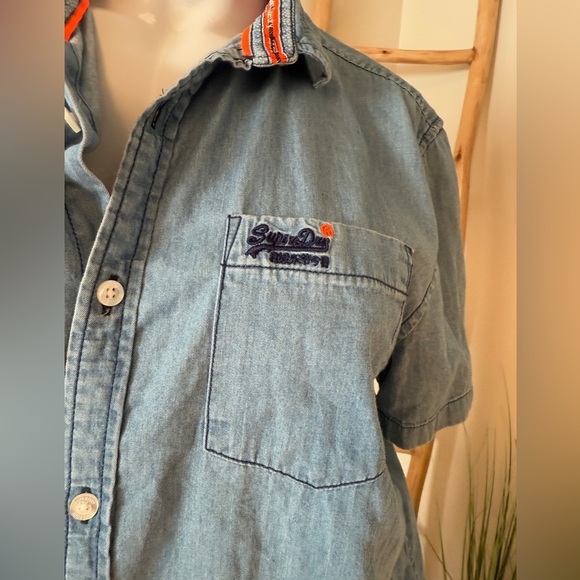 Superdry mens denim Chambray button up shirt L Regular Fit blue short sleeve - Picture 5 of 7